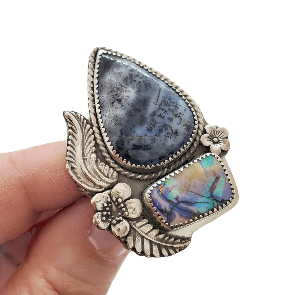 (30% Off) Ring - Size 9 - Dendritic Opal & Monarch Opal OOAK Sterling by Wanderlust Jewelry