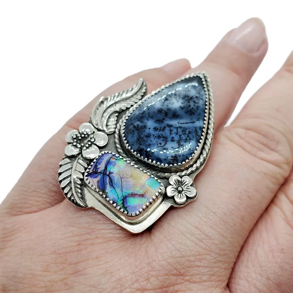 (30% Off) Ring - Size 9 - Dendritic Opal & Monarch Opal OOAK Sterling by Wanderlust Jewelry