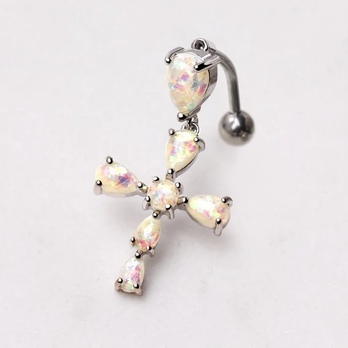 316L Stainless Steel White Synthetic Opal Cross Top Down Navel Ring