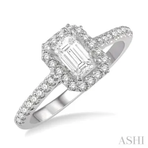 3/8 Ctw Octagon Shape Engagement Ring with 1/4 Ct Emerald Cut Center Stone in 14K White Gold