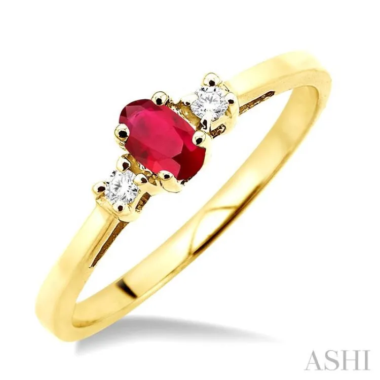 5x3 MM Oval Cut Ruby and 1/20 Ctw Round Cut Diamond Ring in 10K Yellow Gold