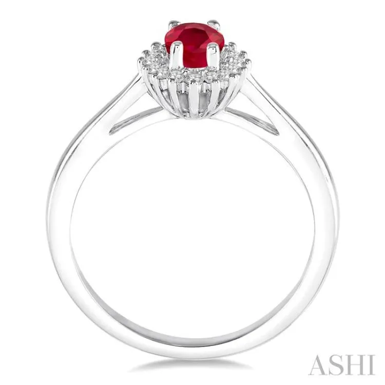 6X4 MM Oval Cut Ruby Center and 1/8 Ctw Round Cut Diamond Halo Precious Stone Ring in 10K White Gold