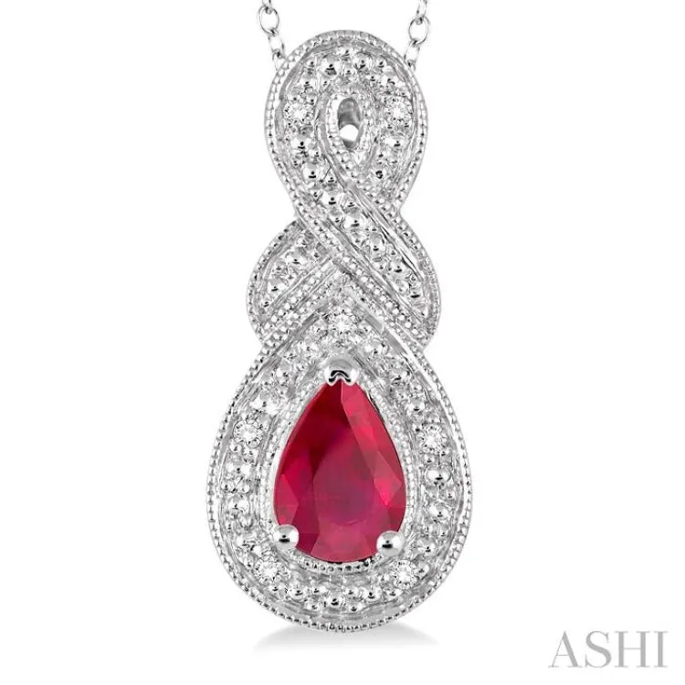 6x4 MM Pear Shape Ruby and 1/50 Ctw Round Cut Diamond Pendant in Sterling Silver with Chain