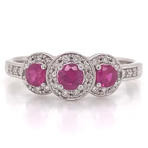 9ct White Gold Ruby & Diamond 3 Stone Halo Ring