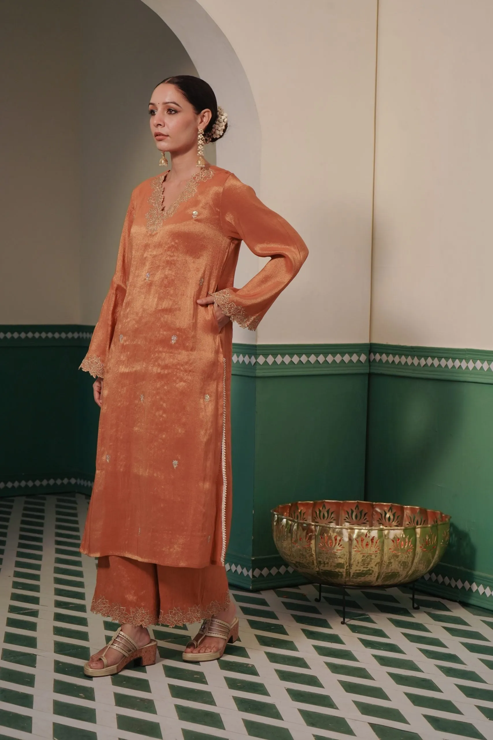 Amber Zari Tissue Kurta and Wide Leg Pants with Zari rose and sequins embroidery for women