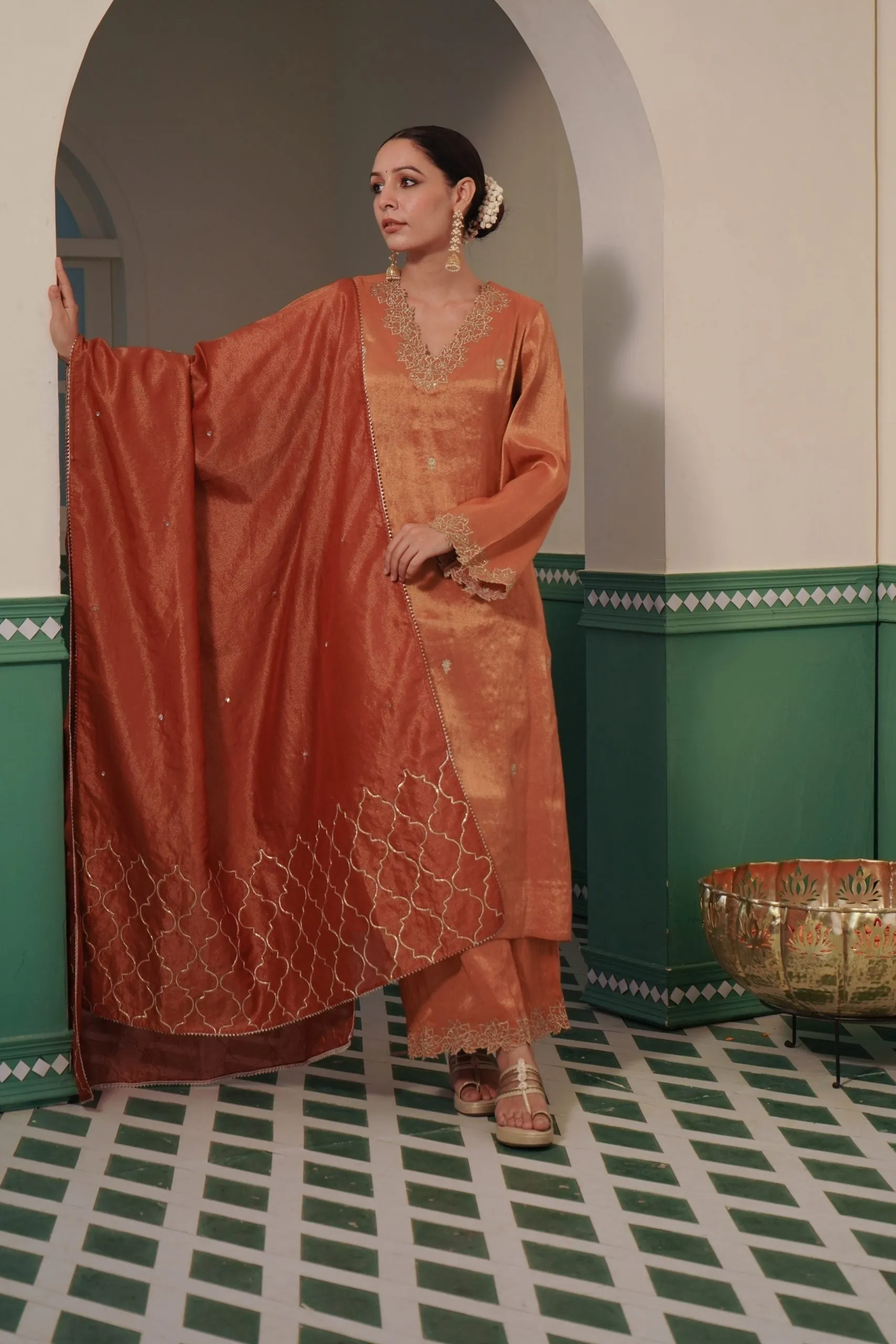 Amber Zari Tissue Kurta and Wide Leg Pants with Zari rose and sequins embroidery for women