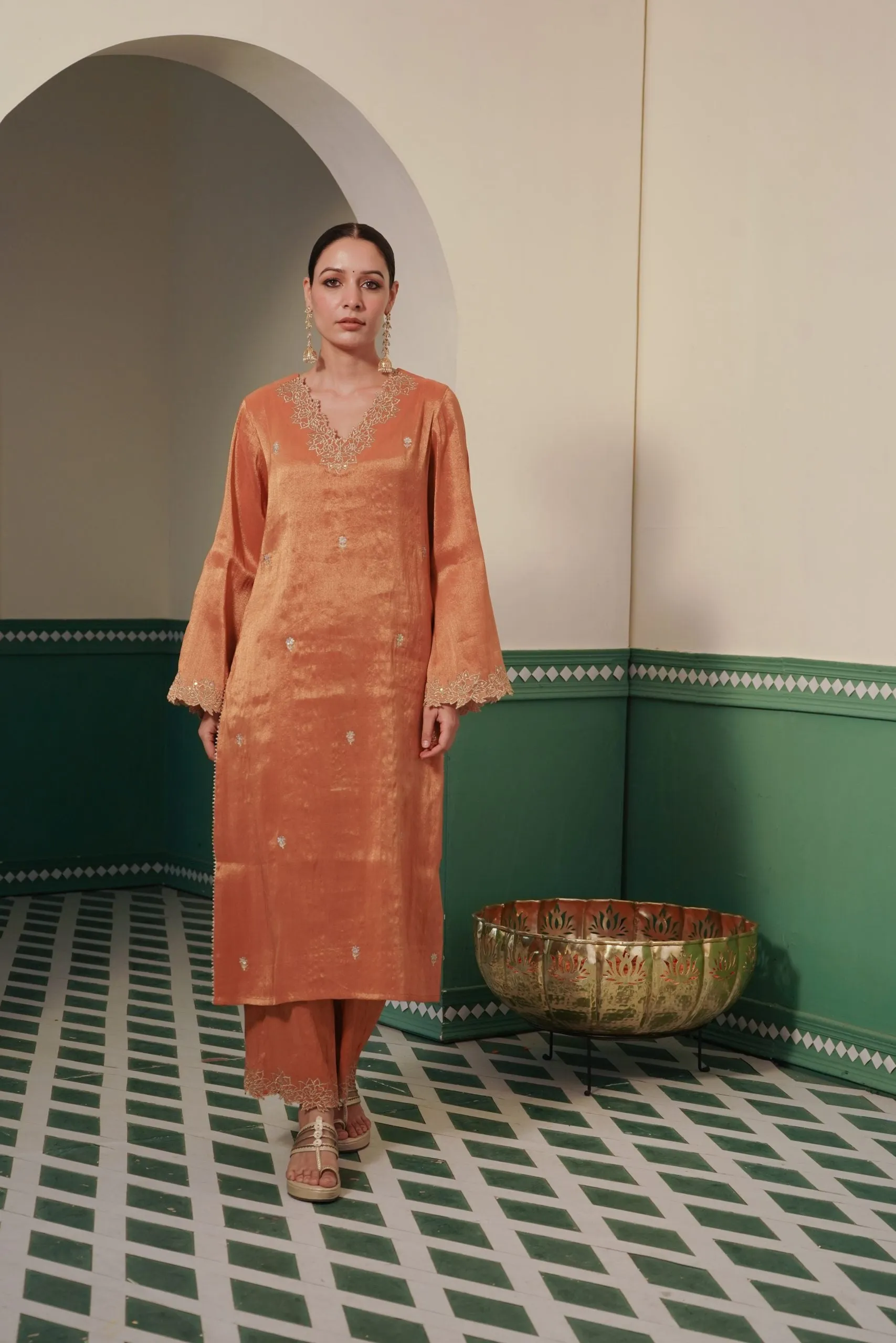 Amber Zari Tissue Kurta and Wide Leg Pants with Zari rose and sequins embroidery for women