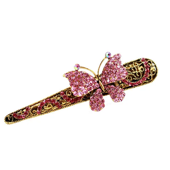 Antique Brass Finish Rhinestone Butterfly Alligator Clip Barrette Pink