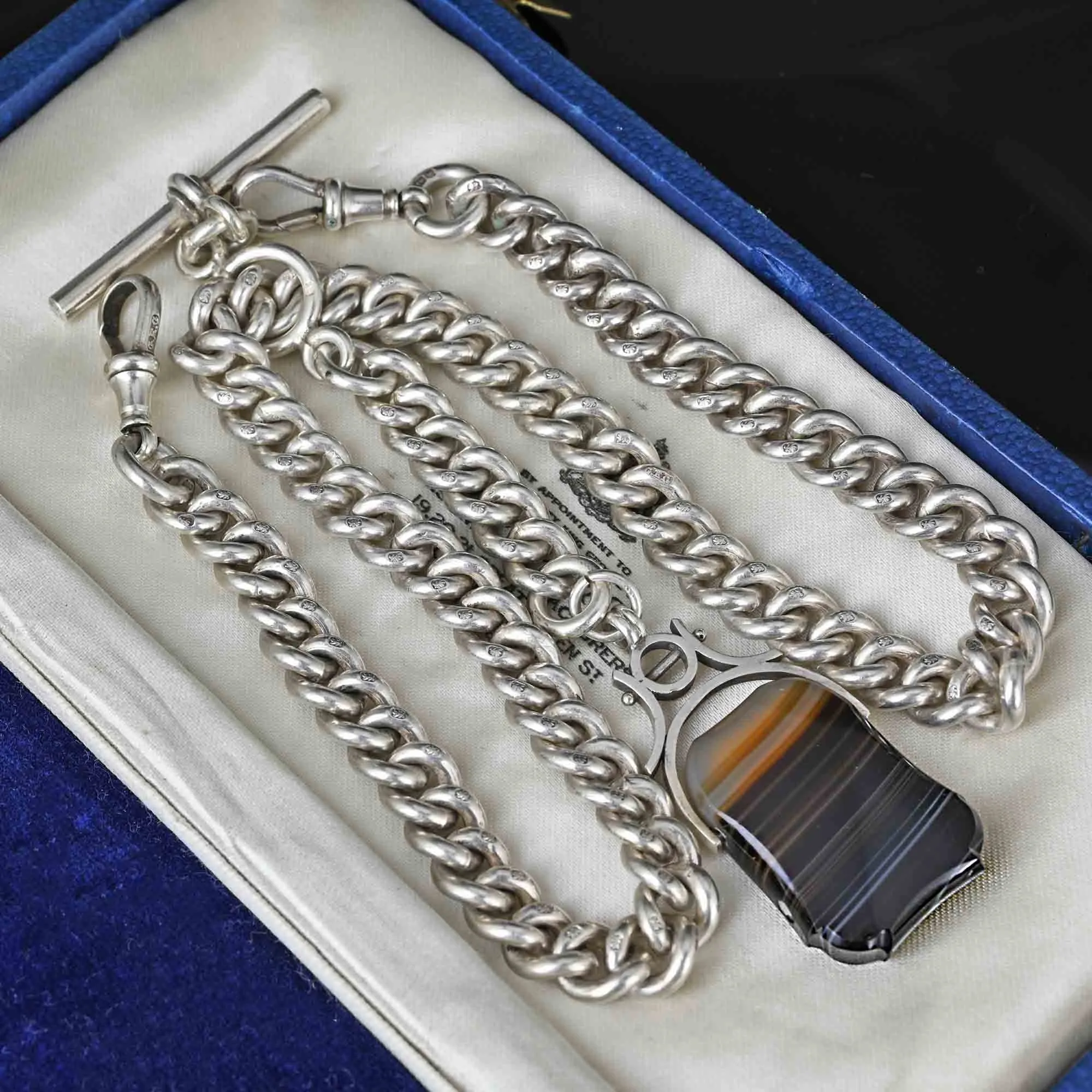 Antique Double Albert Silver Watch Chain w Banded Agate Fob