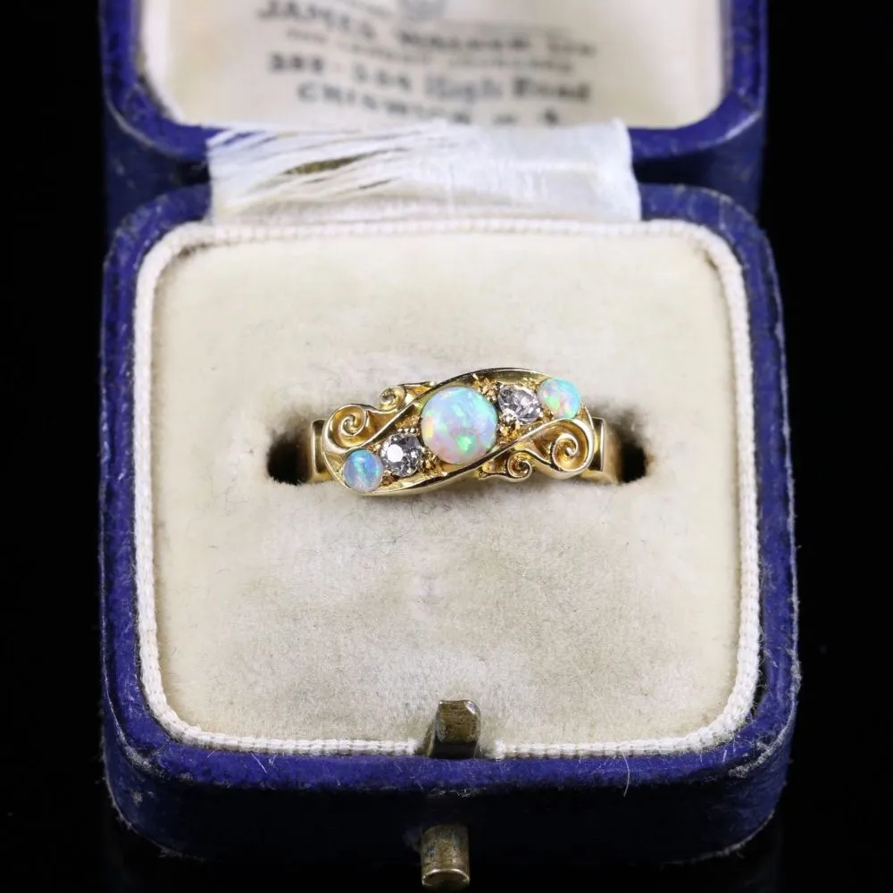 Antique Victorian Opal Diamond Ring 18Ct Gold Chester Hallmark