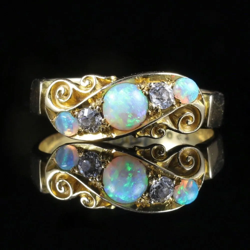 Antique Victorian Opal Diamond Ring 18Ct Gold Chester Hallmark