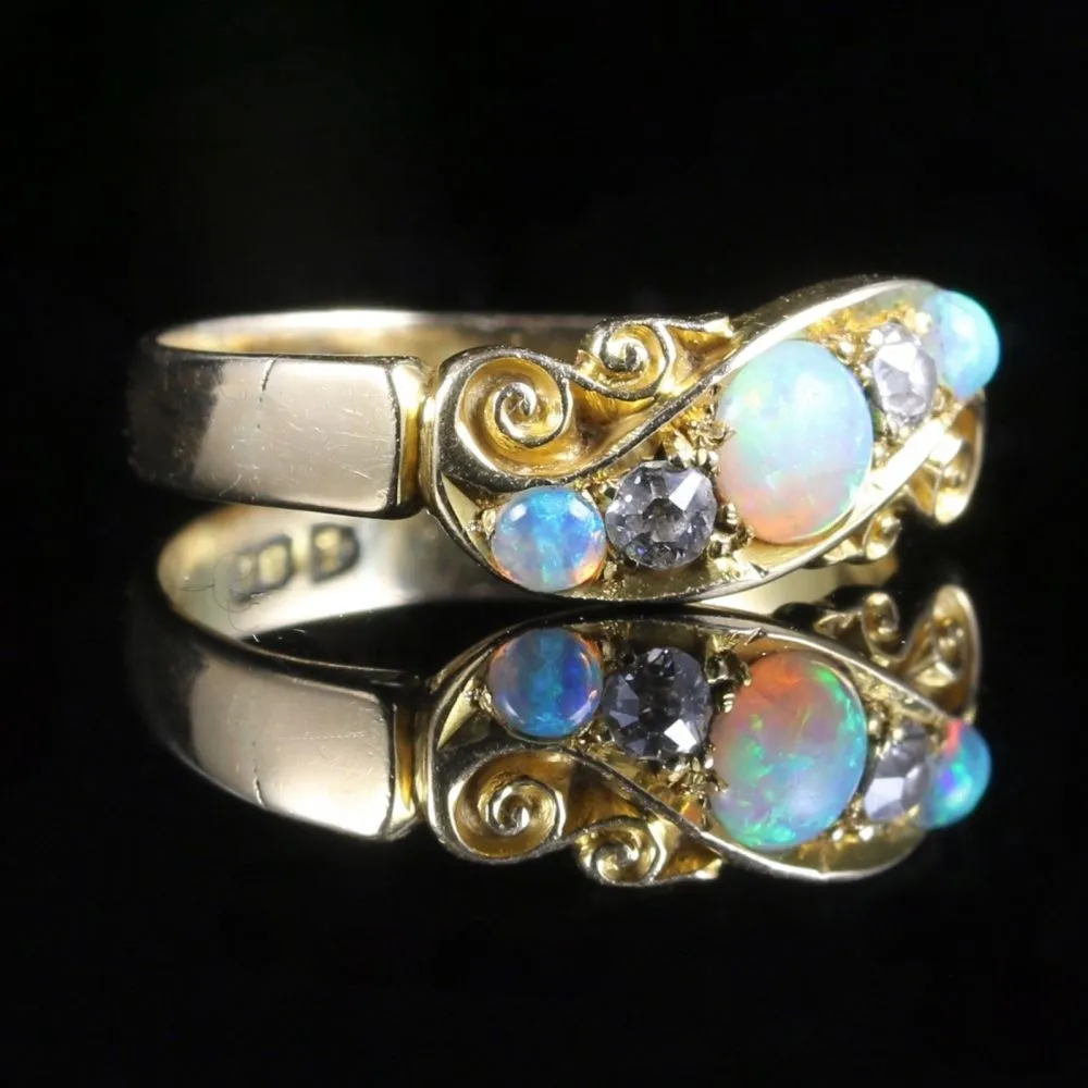 Antique Victorian Opal Diamond Ring 18Ct Gold Chester Hallmark