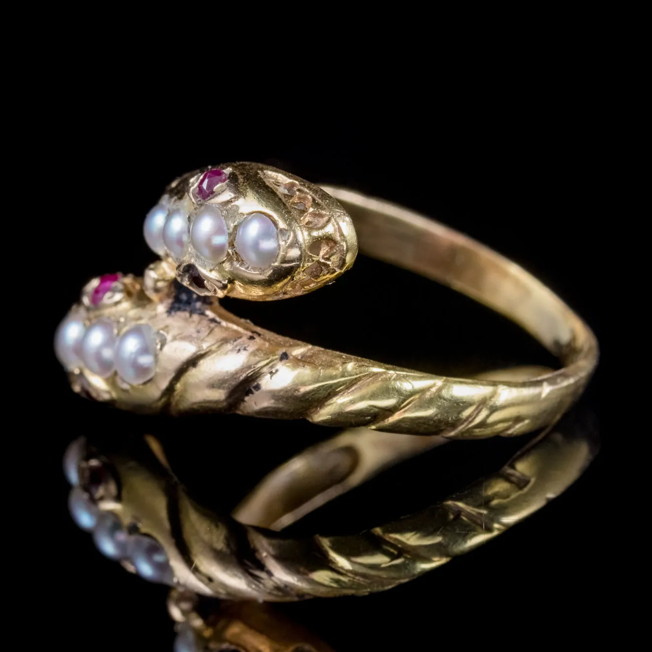 Antique Victorian Ruby Pearl Snake Ring 18Ct Gold Circa 1880