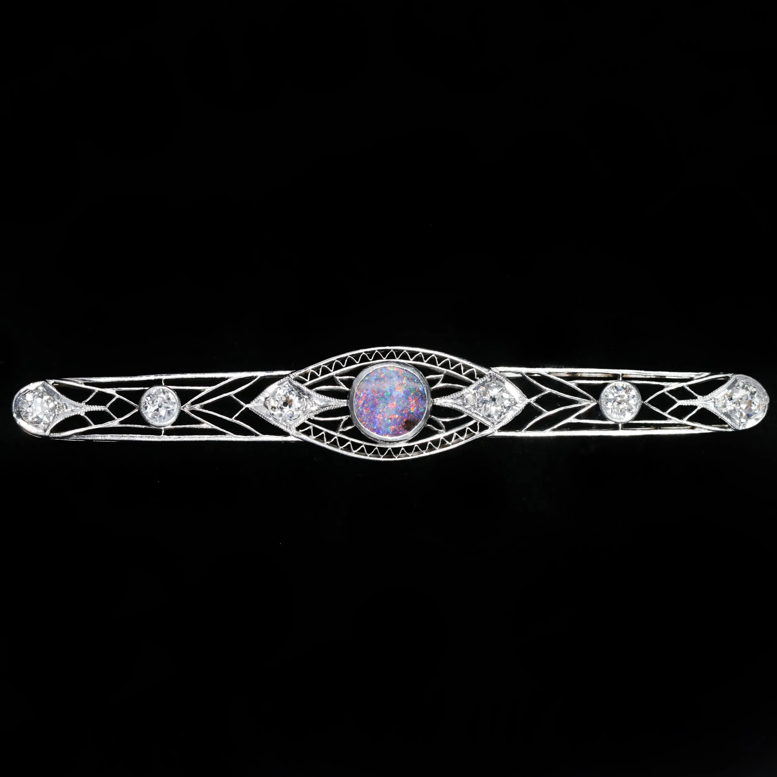 Art Deco Platinum Opal and Diamond Bar Pin