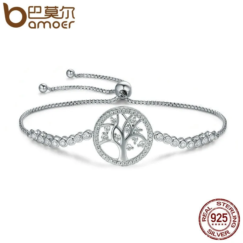 BAMOER Hot Sale 100% 925 Sterling Silver Tree of Life Tennis Bracelet Women Adjustable Link Chain Bracelet Silver Jewelry SCB035