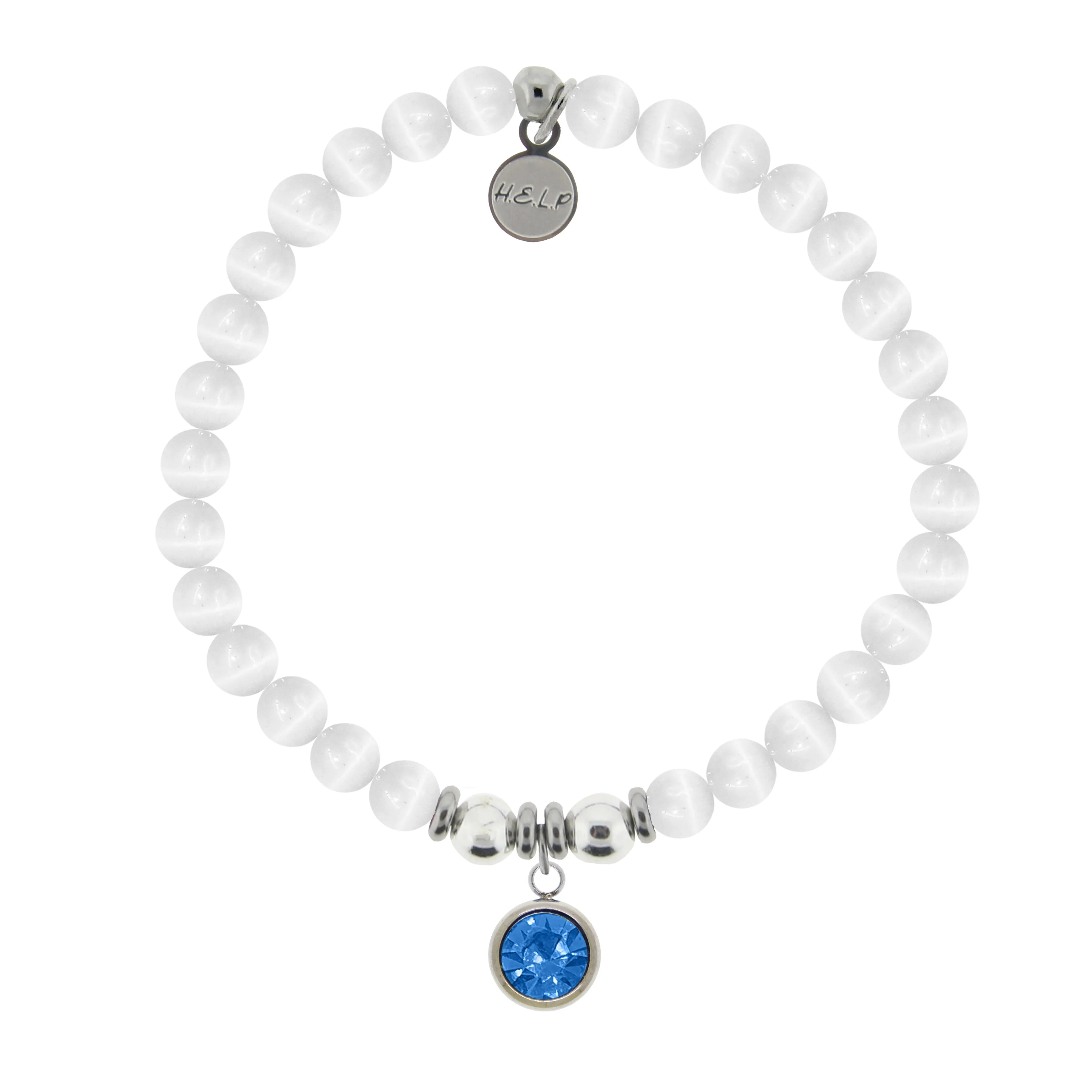 Birthstone Collection - December Blue Topaz Crystal Charm with White Cats Eye Charity Bracelet