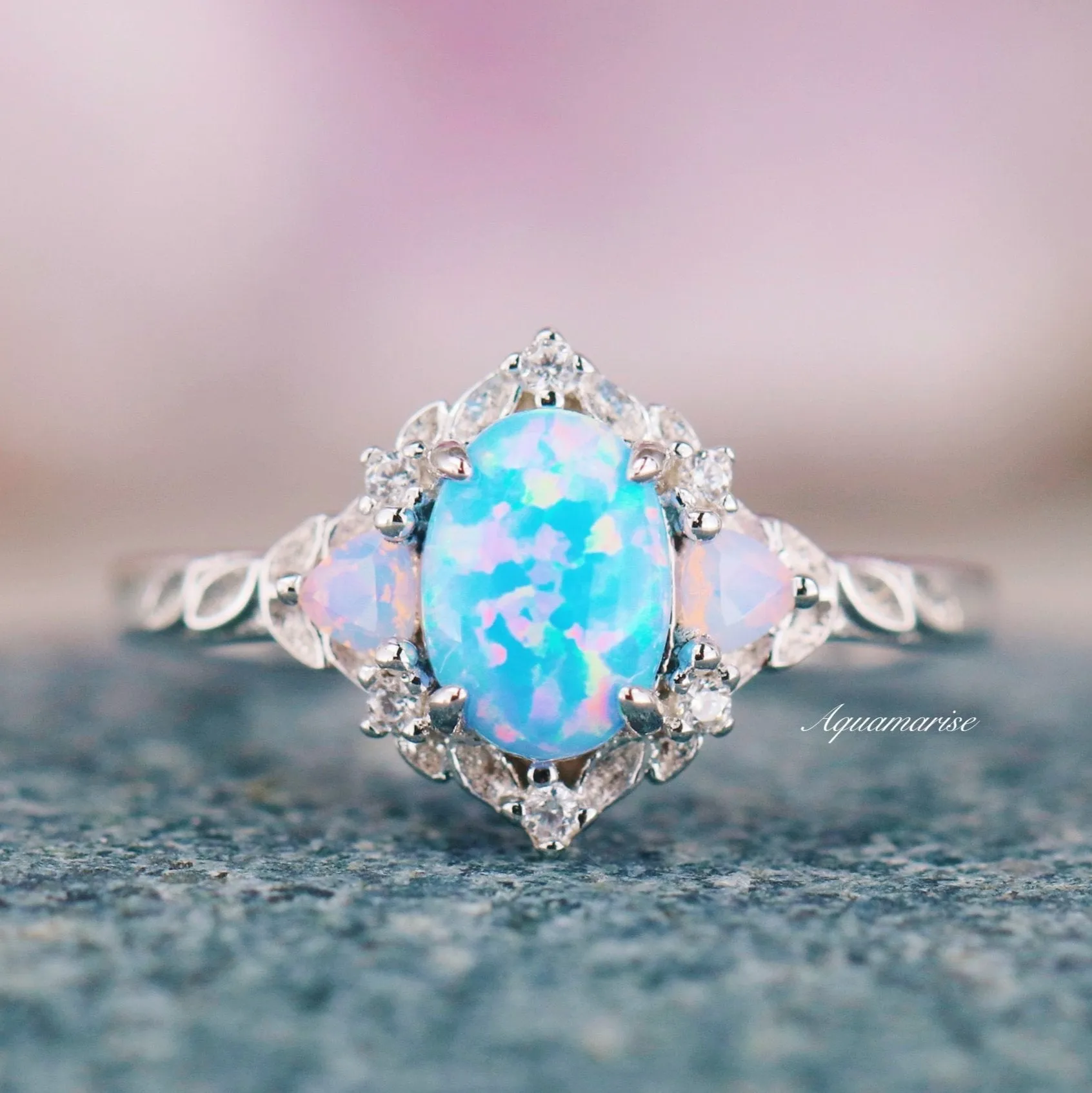 Blue Fire Opal & Opalescent Sapphire Leaf Fairy Ring- 925 Sterling Silver