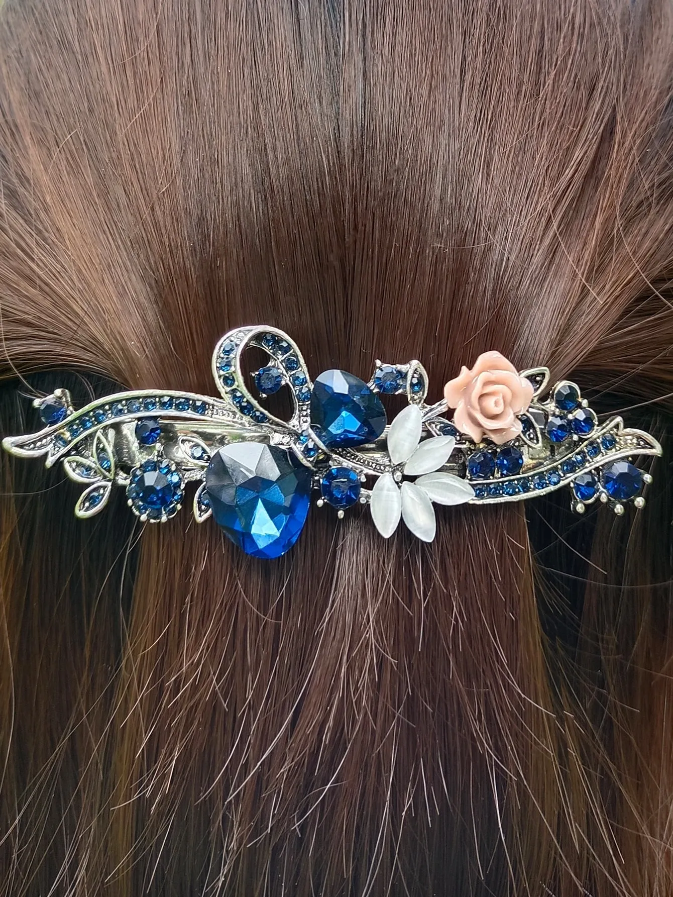 Blue Rhinestone & Flower Decor French Clip for Women Barrette Styling Hair