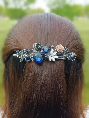 Blue Rhinestone & Flower Decor French Clip for Women Barrette Styling Hair