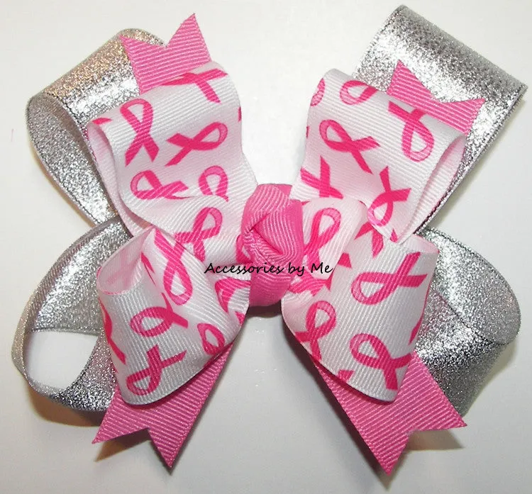 Breast Cancer Hot Pink Silver Hair Bow