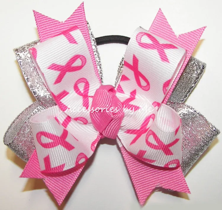 Breast Cancer Hot Pink Silver Hair Bow