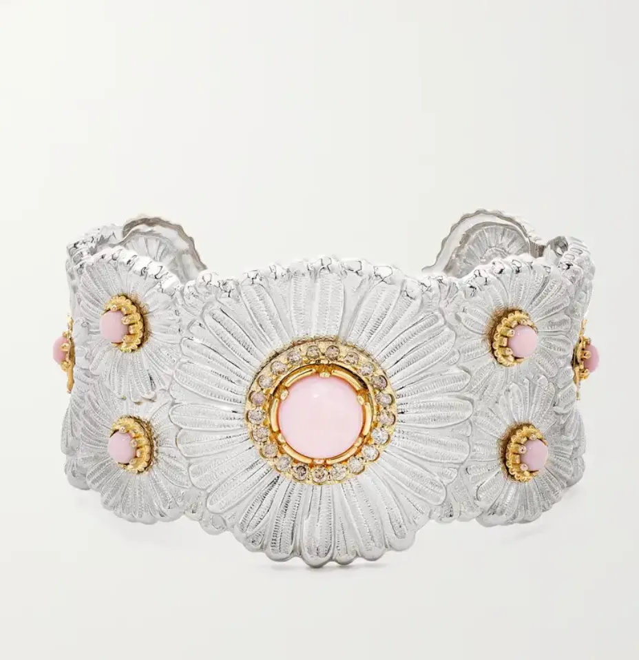 Buccellati Daisy Blossoms Sterling Silver Pink Opal and Diamond Cuff Bracelet