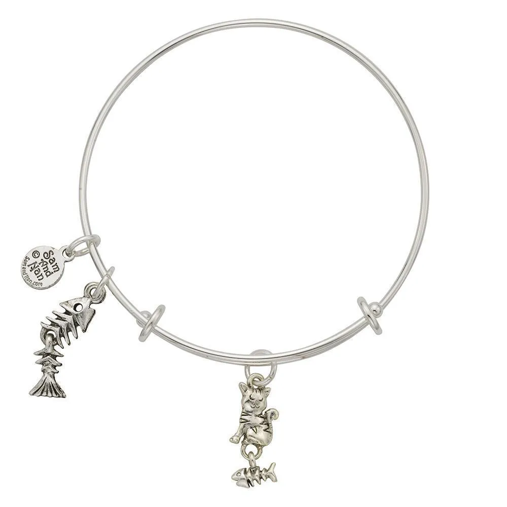 Cat Fish Skeleton Charm Bangle Bracelet