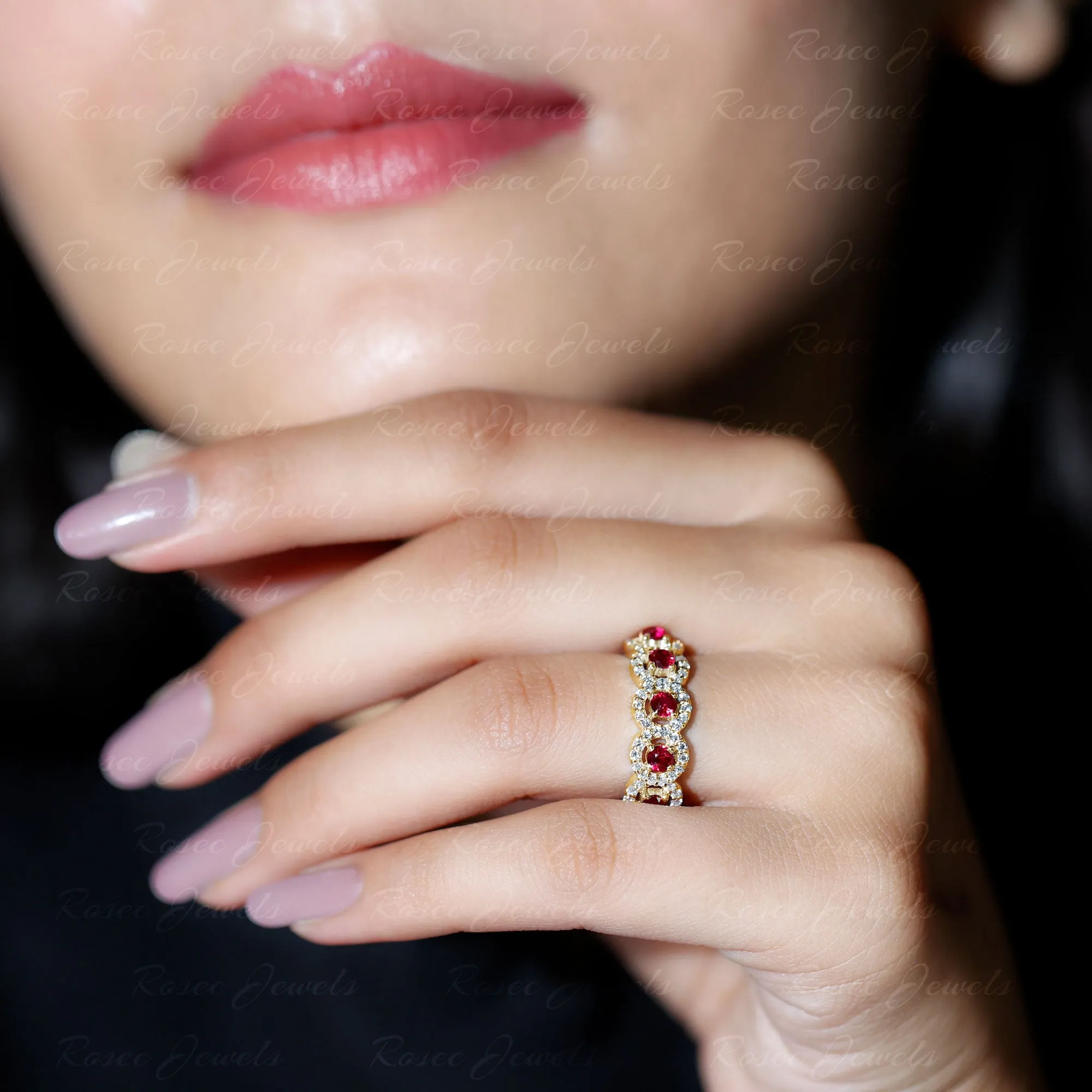 Classic Lab Grown Ruby and Diamond Halo Half Eternity Ring