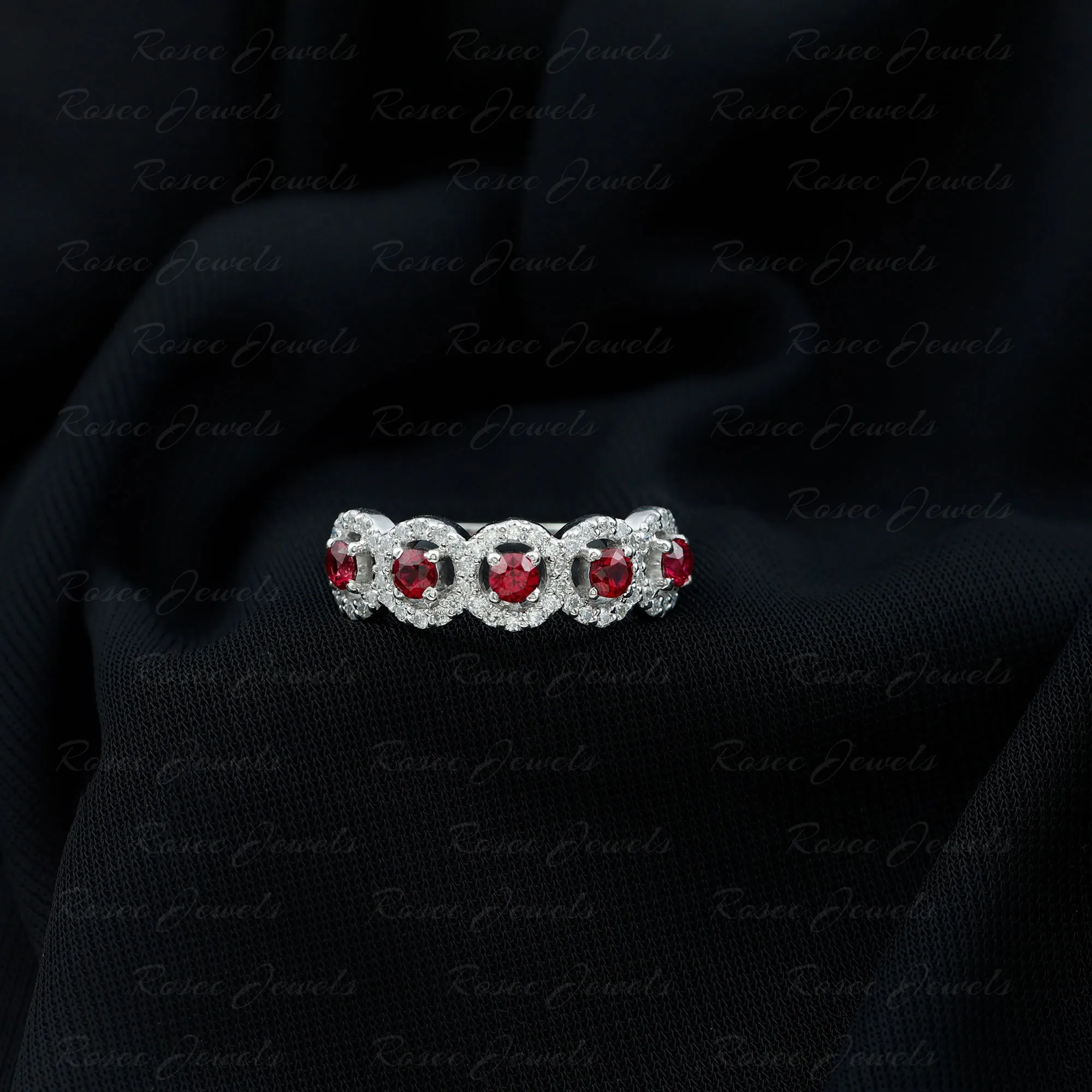 Classic Lab Grown Ruby and Diamond Halo Half Eternity Ring