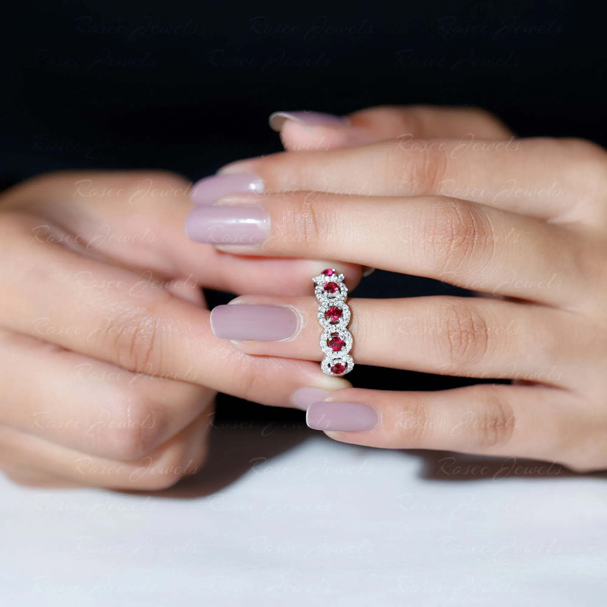 Classic Lab Grown Ruby and Diamond Halo Half Eternity Ring