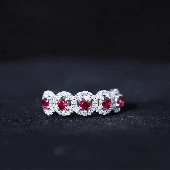 Classic Lab Grown Ruby and Diamond Halo Half Eternity Ring