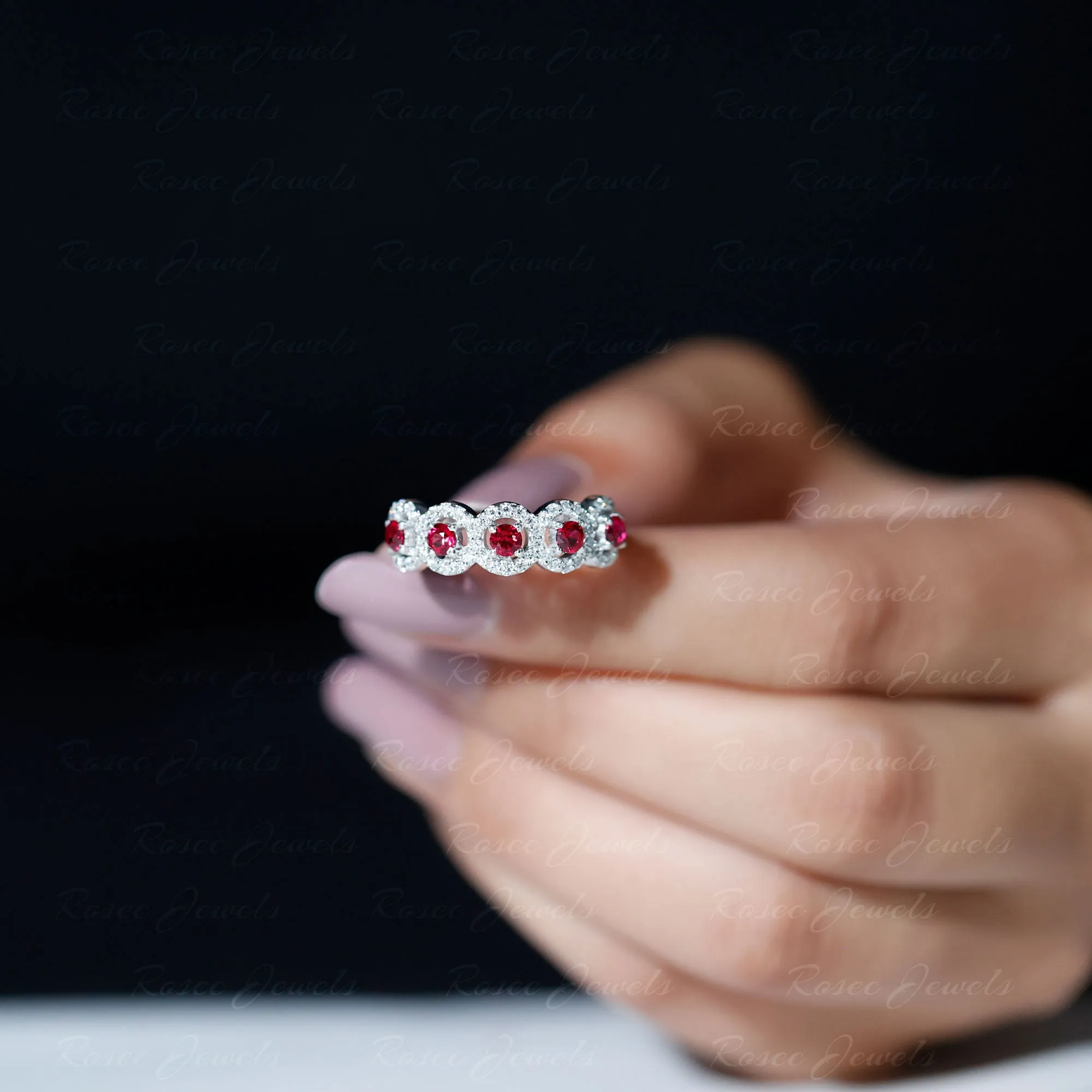 Classic Lab Grown Ruby and Diamond Halo Half Eternity Ring