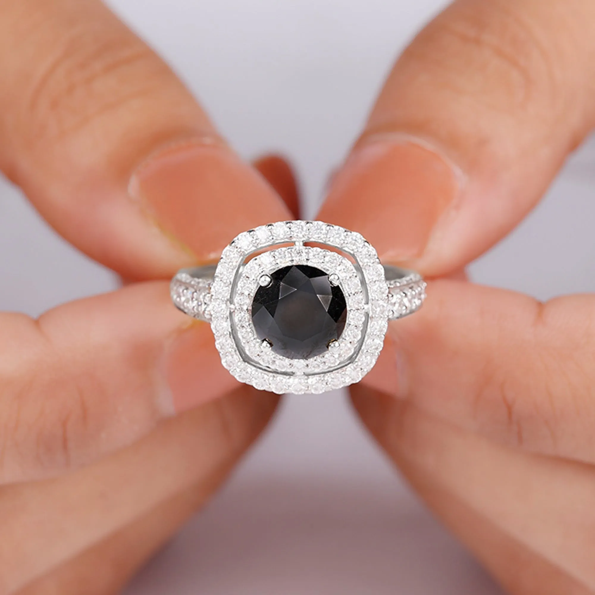 Created Black Diamond Double Halo Engagement Ring with Moissanite