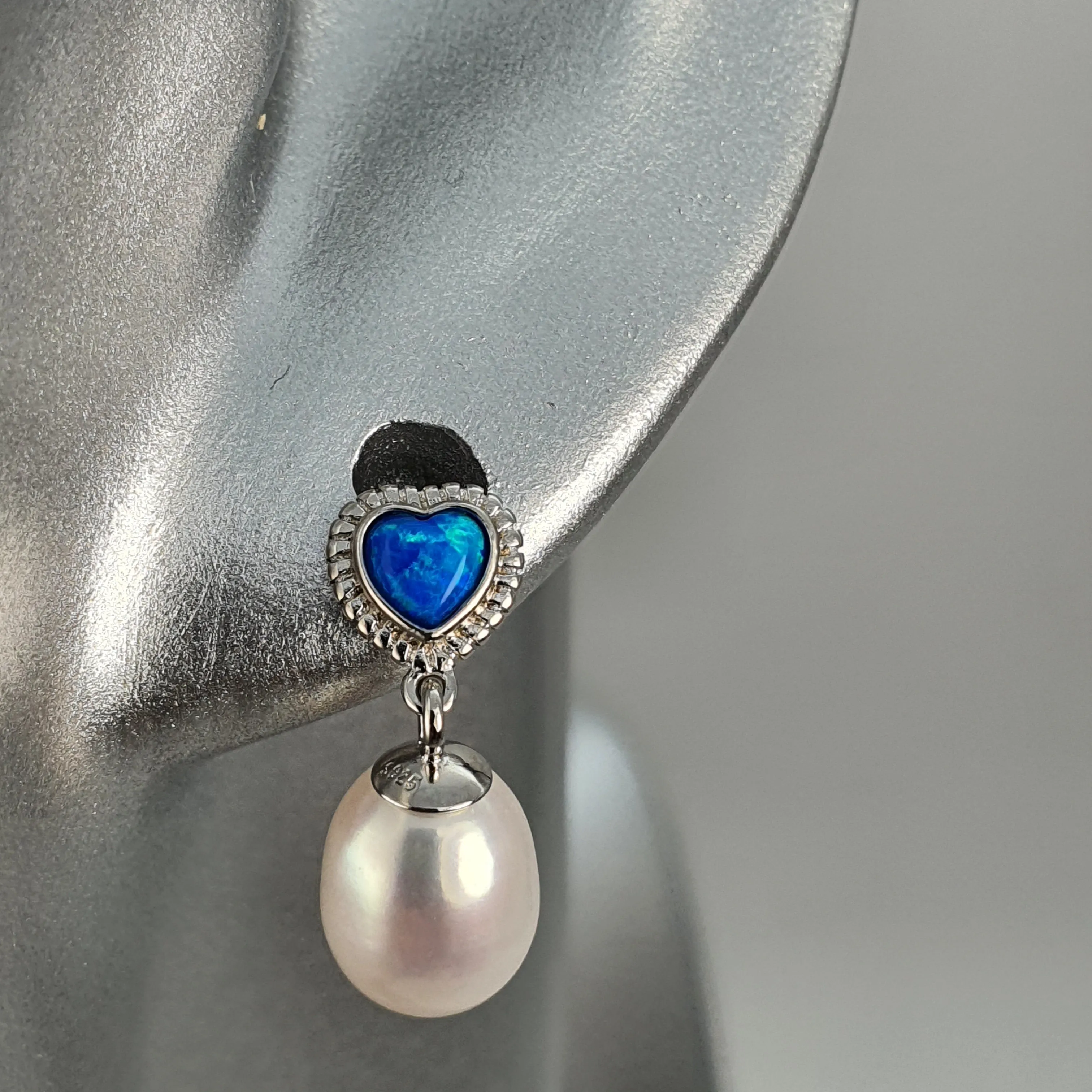 Created Blue Opal & Pearl Earring, Sterling Silver