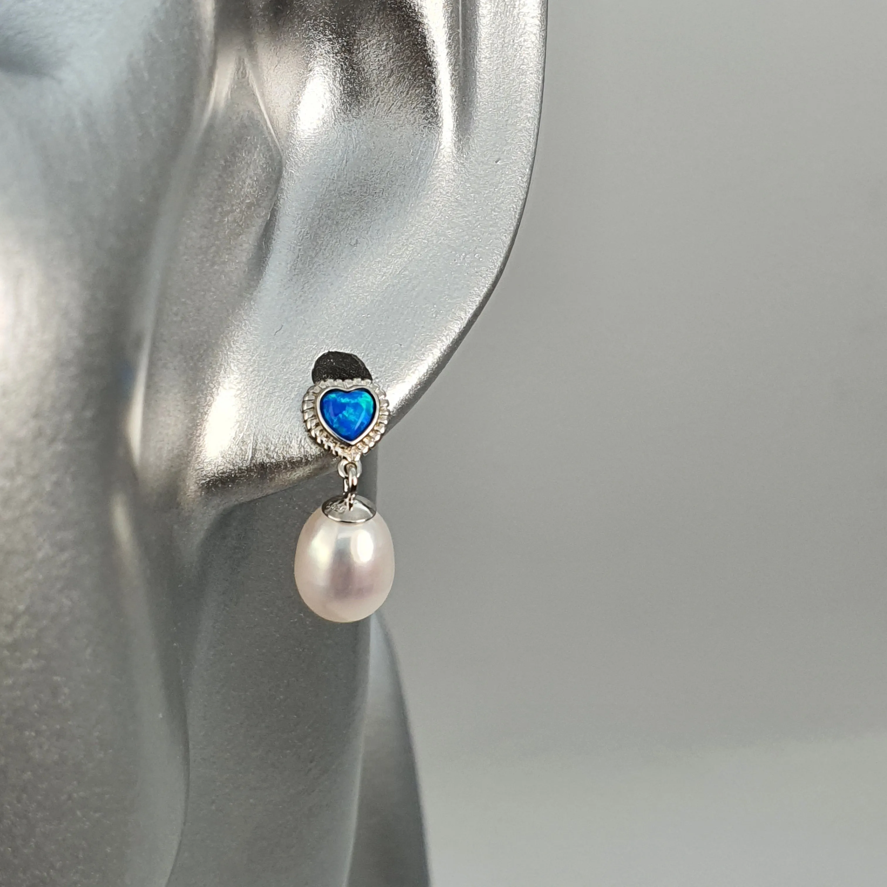 Created Blue Opal & Pearl Earring, Sterling Silver