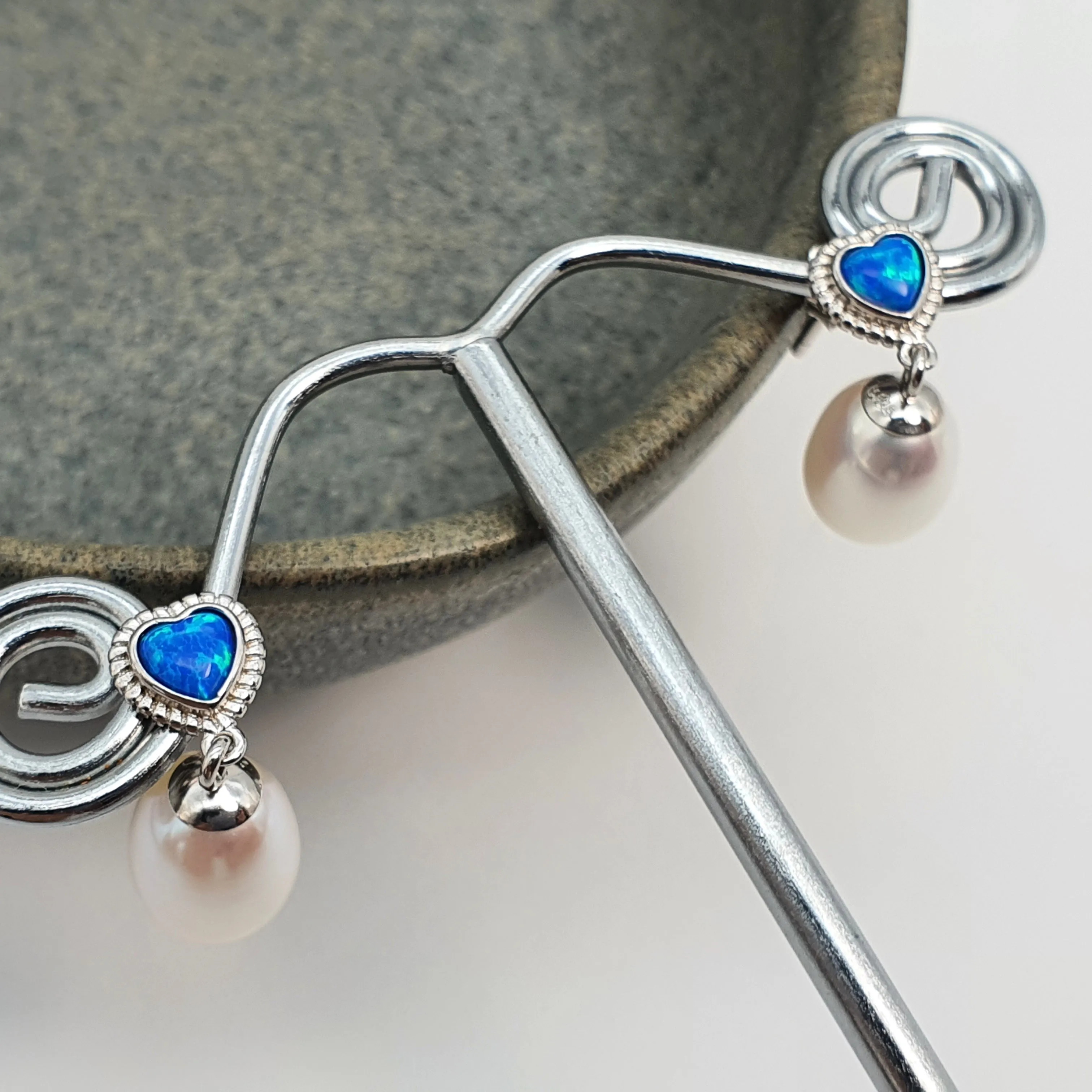 Created Blue Opal & Pearl Earring, Sterling Silver