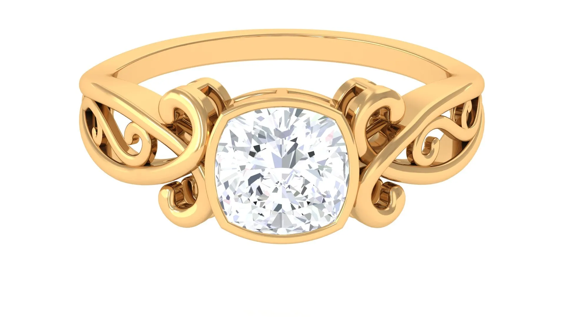 Cushion Cut Cubic Zirconia Vintage Inspired Solitaire Ring in Bezel Setting