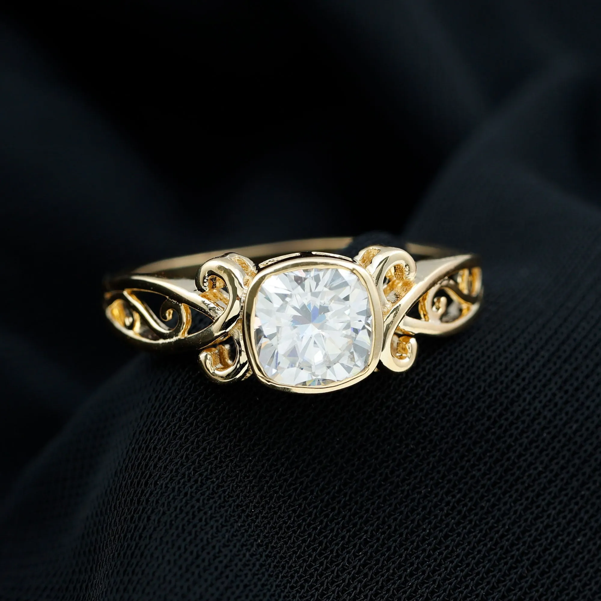 Cushion Cut Cubic Zirconia Vintage Inspired Solitaire Ring in Bezel Setting