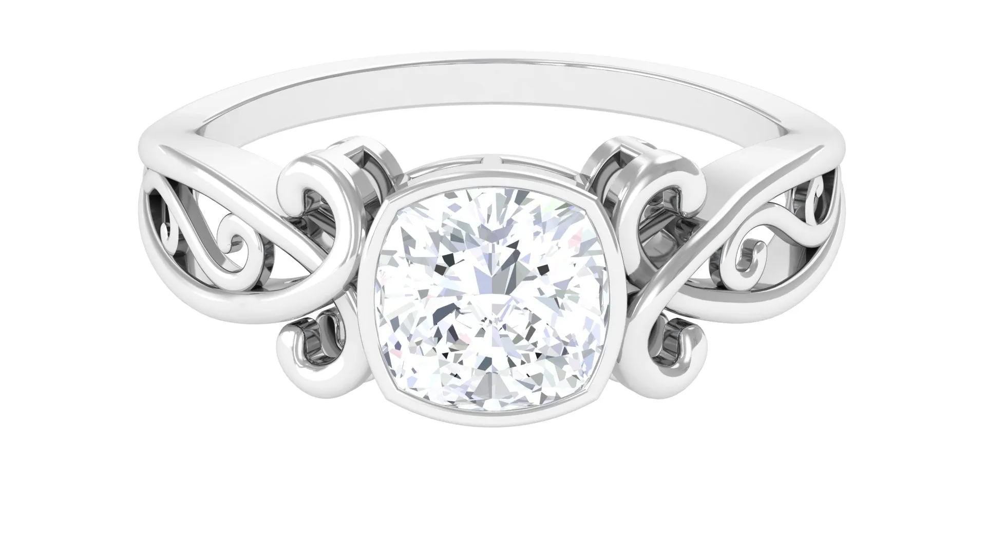 Cushion Cut Cubic Zirconia Vintage Inspired Solitaire Ring in Bezel Setting