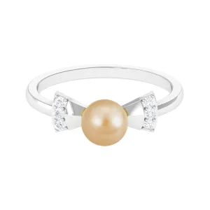 Cute Bow Engagement Ring with South Sea Pearl and Diamond