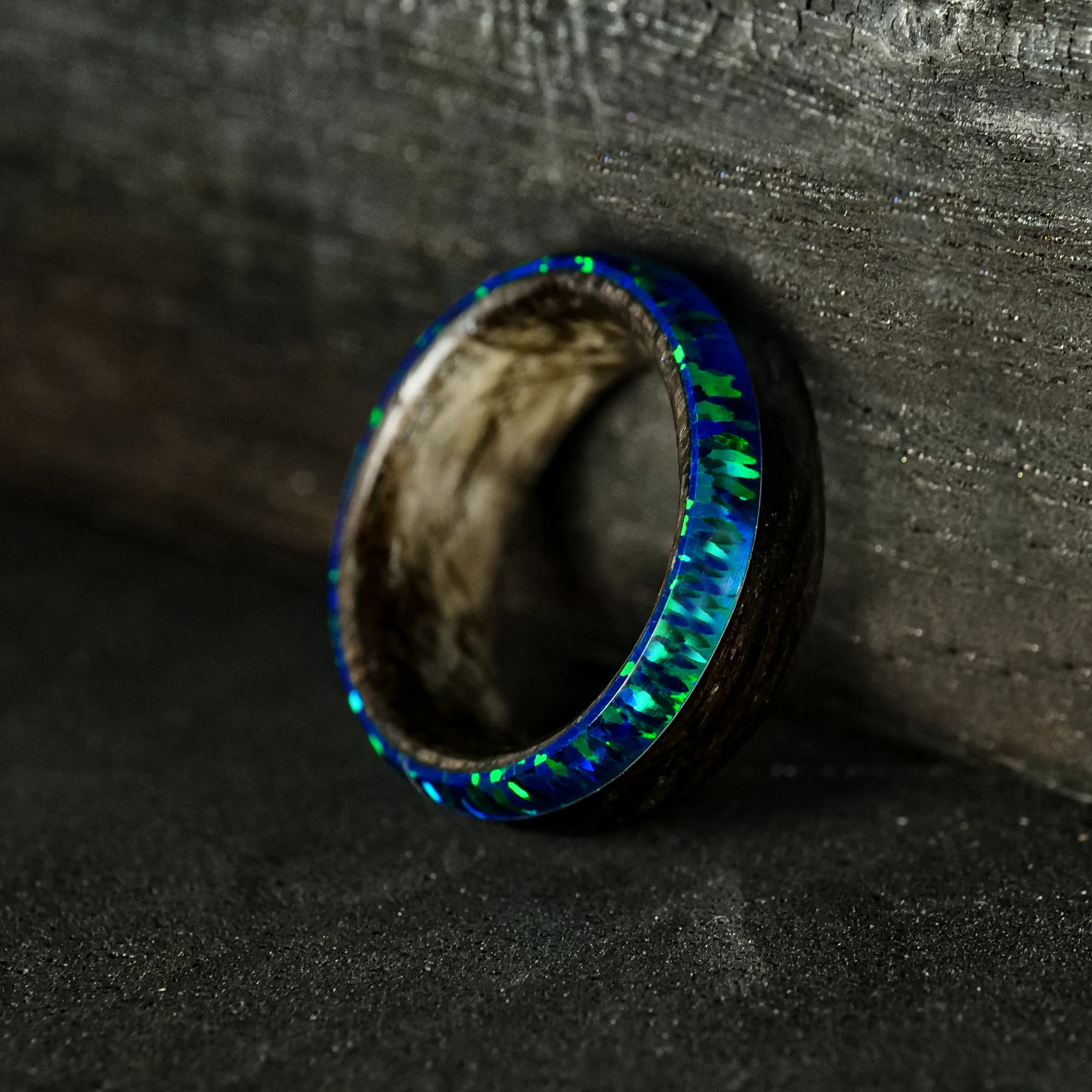 Ebony Wood and Black Emerald Opal Ring