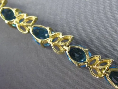 ESTATE WIDE & LONG 14CT AAA BLUE TOPAZ 14KT YELLOW GOLD 3D LEAF TENNIS BRACELET