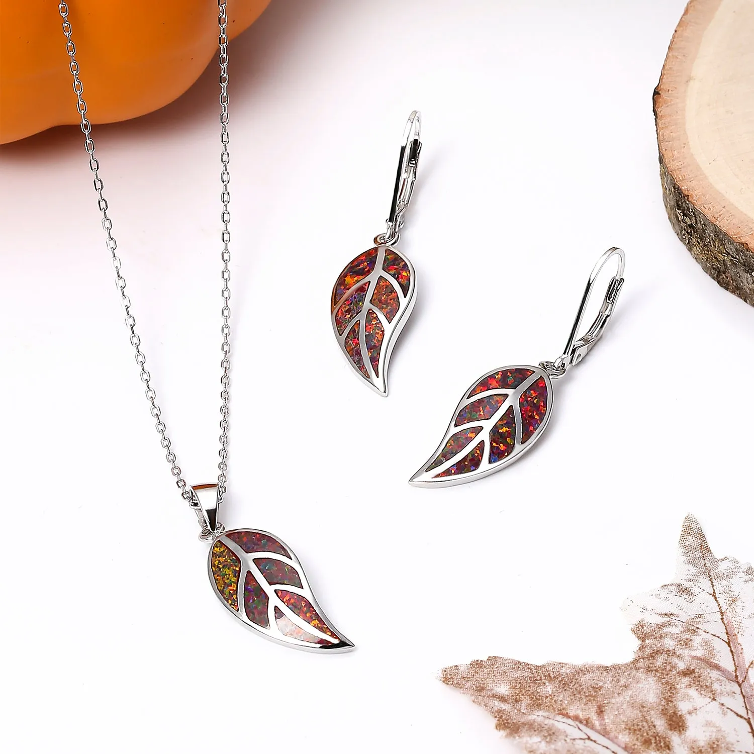 Gemstone Blue Brown Fire Opal Leaf Pendant Necklace Sterling Silver Jewelry