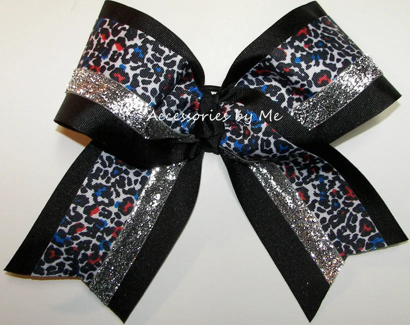 Glitter Leopard Multi Black Silver Cheer Bow