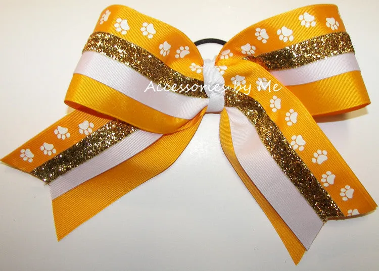 Glitter Paw Print Yellow Gold White Cheer Bow