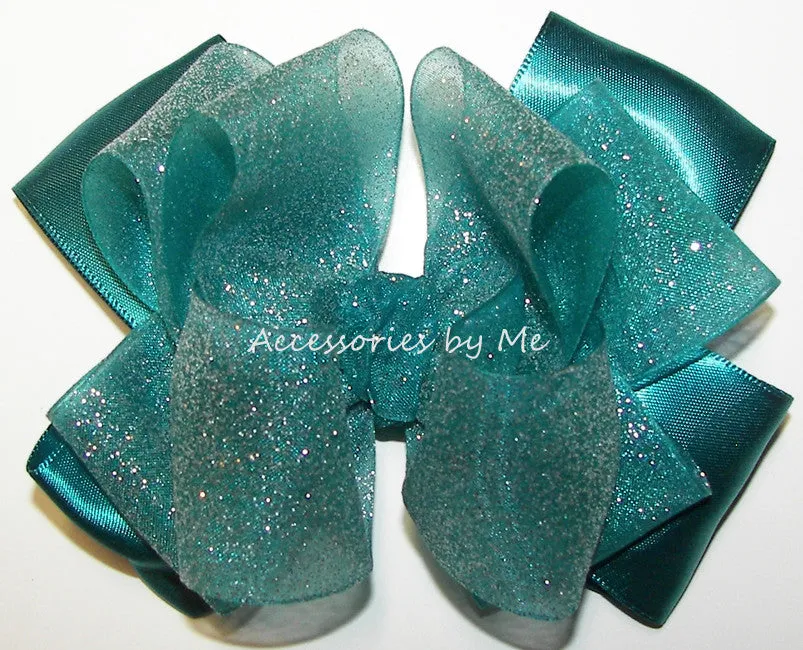 Glitzy Teal Organza Satin Hair Bow