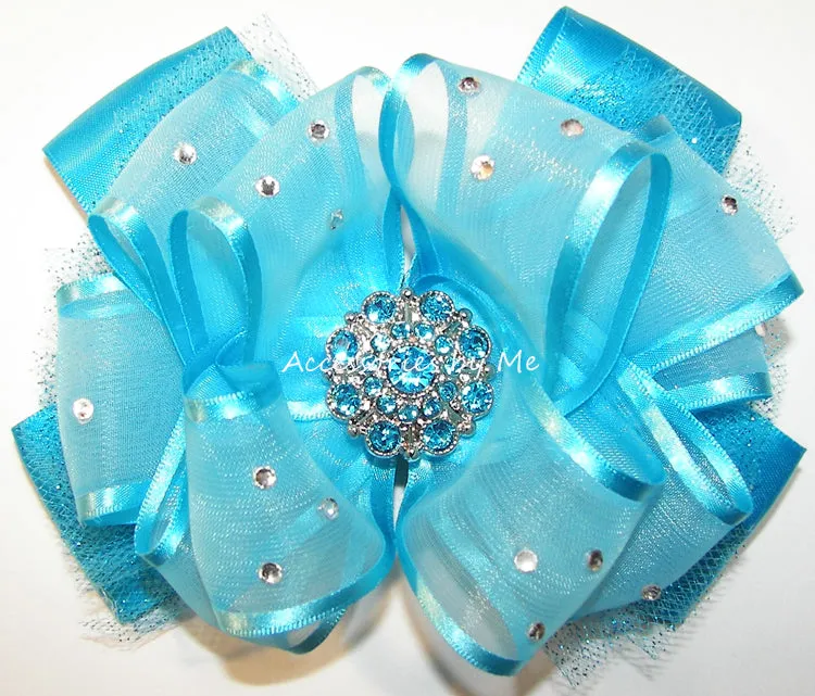 Glitzy Turquoise Blue Organza Tutu Hair Bow