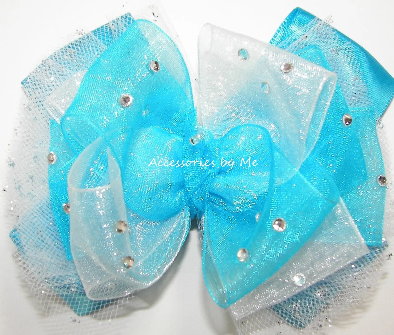 Glitzy Turquoise Blue White Organza Tutu Hair Bow