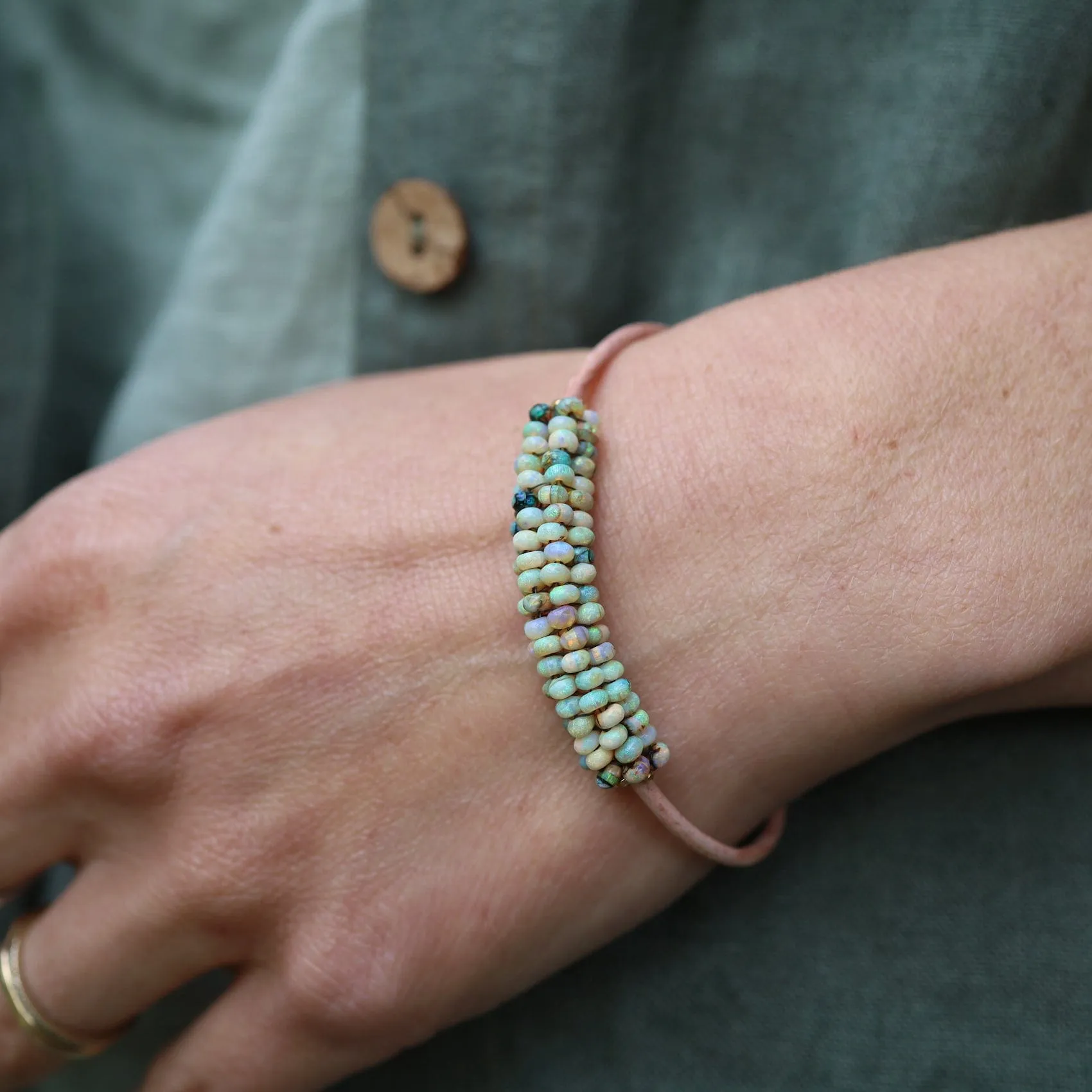 Hand Stitched Mexican Opal Bracelet with Tiny Vermeil Trim