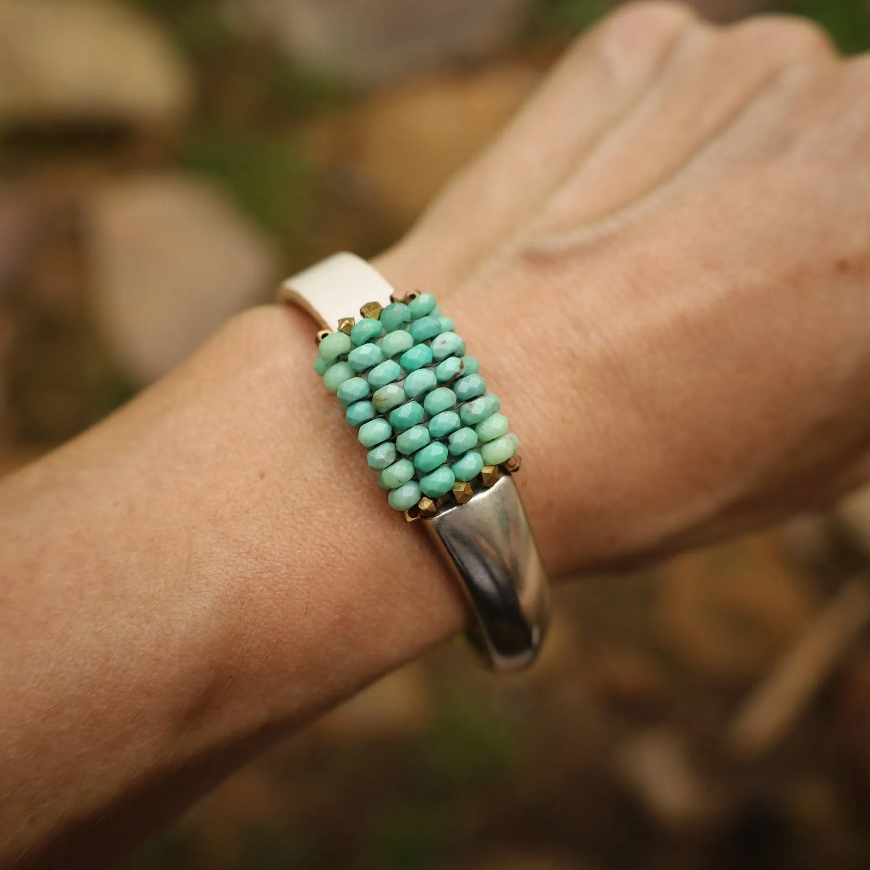 Hand Stitched Moss Green Opal & Small Brass Nugget Bracelet